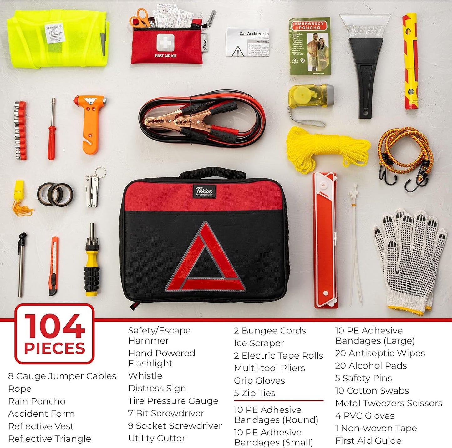 Thrive Roadside Emergency Car Kit - Automotive Safety Travel Tool Kit w/Vehicle Jumper Cables and Mini First Aid Kit - Truck, SUV & Car Essentials for Women and Men (Square Bag)