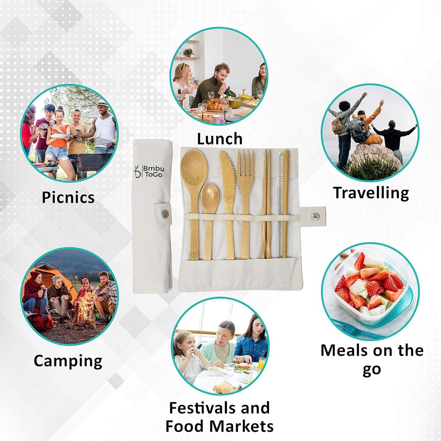 Bmbu ToGo Bamboo Cutlery Set | Bamboo Travel Utensils | Reusable Cutlery Set | Include Knife Fork Small Spoon Large Spoon Chopsticks and Straw (White, 1 Pack)