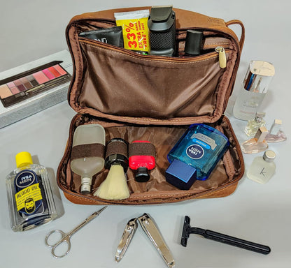 Leather Toiletry Bag for Men - Travel Shaving Dopp Kit - Bathroom Hygiene Toiletries Organizer - Cosmetic Makeup Bag for Women
