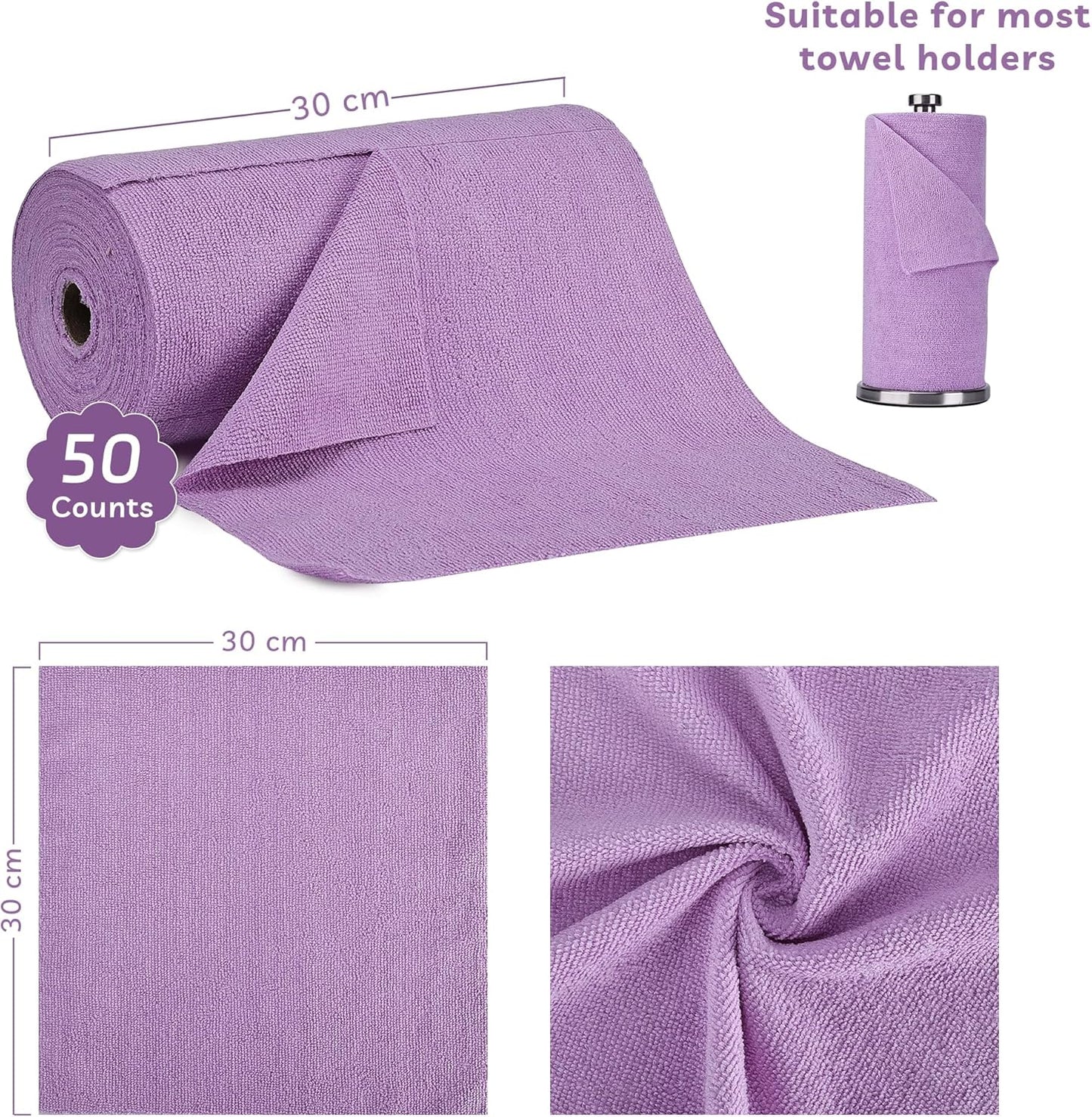 Socrates Microfiber Cleaning Cloth Roll – 50 Tear-Away, Ultra-Absorbent, Reusable, Washable, Quick-Dry Towels in Purple