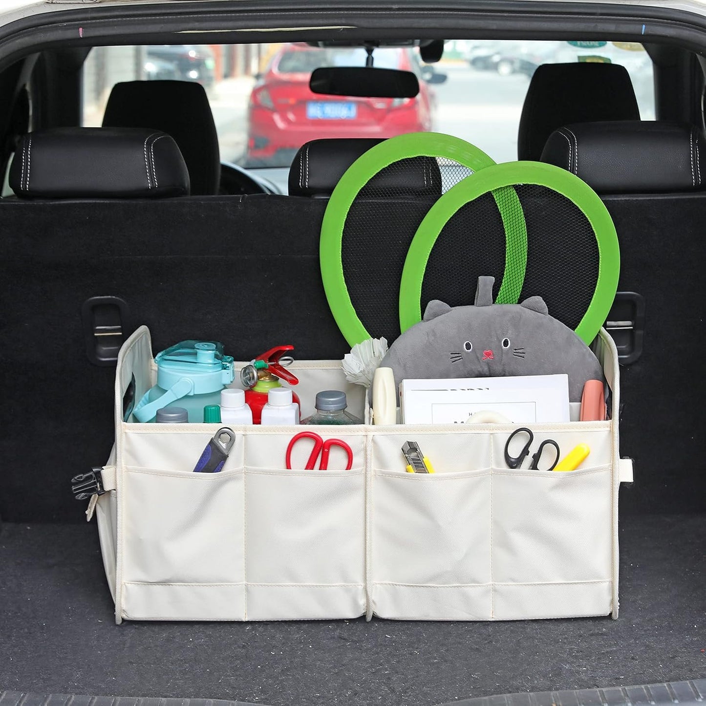 AOKJOY Car Trunk Organizer Collapsible Multi Compartment Car Organizer Adjustable Straps SUV (Beige)