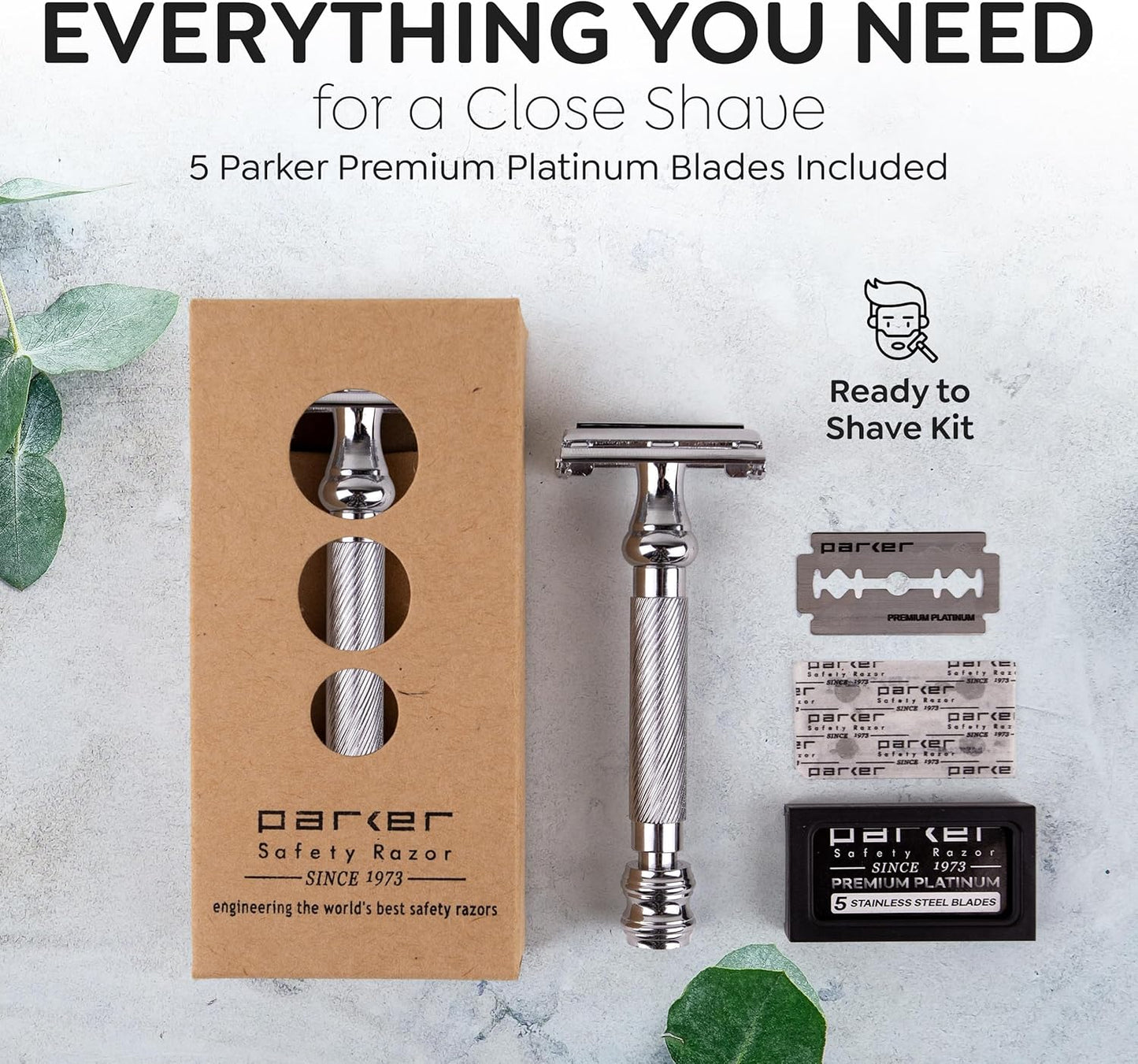 Parker 99R Chrome Long Handle Heavyweight Butterfly Open Double Edge Safety Razor for Men, 5 Parker Premium Platinum Double Edge Razor Blades Included