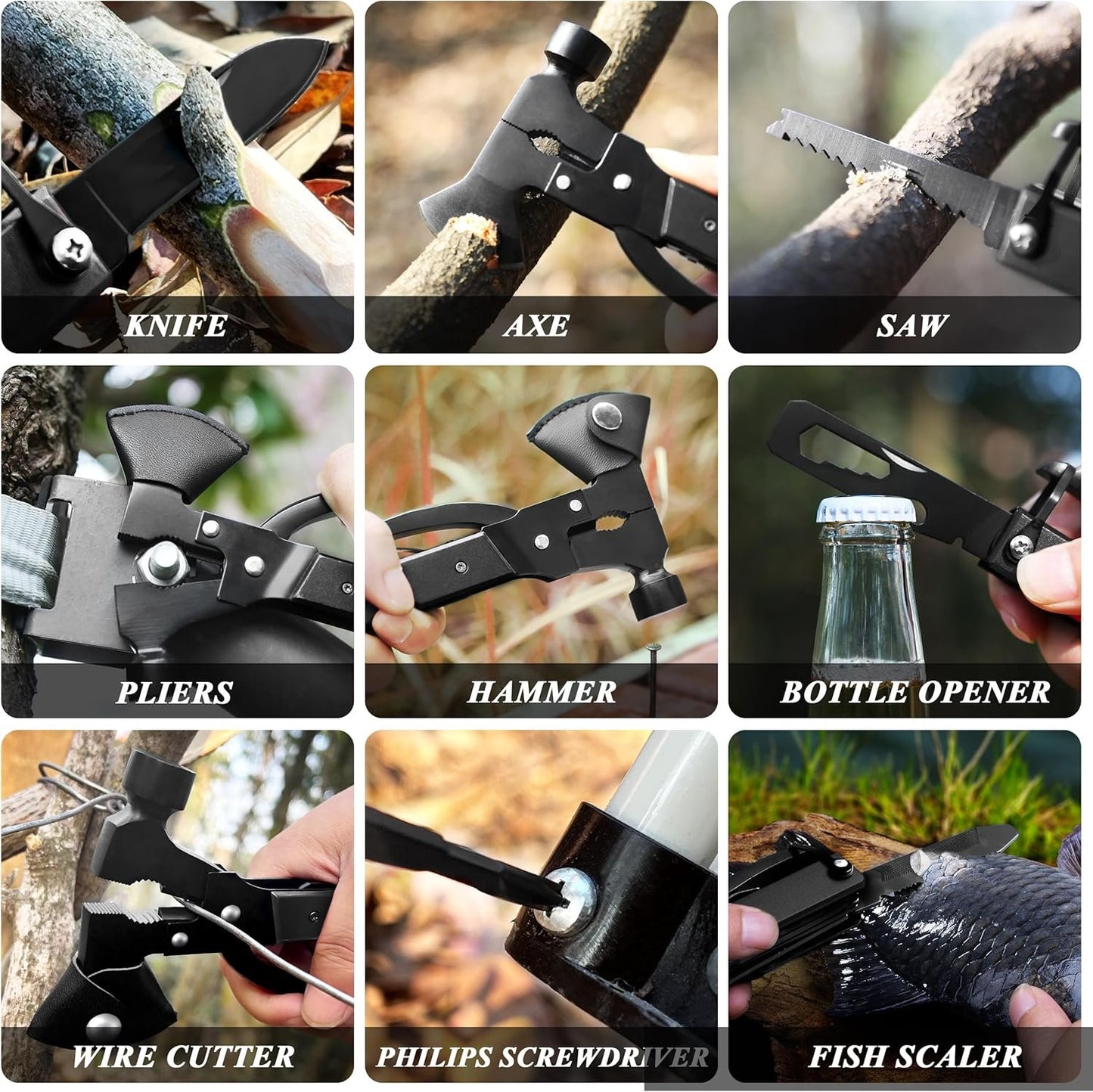 RoverTac Multitool Axe Hatchet Camping Gear Tool Gifts for Men Dad Him 14-in-1 Multi Tool Knife Hammer Pliers Saw Screwdrivers Bottle Can Opener Nylon Sheath Multitool for Camping Hiking Survival
