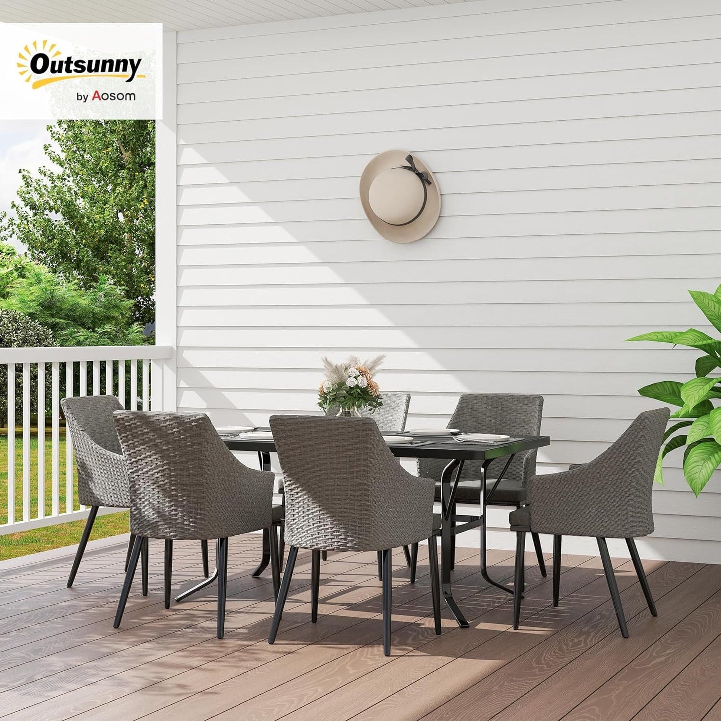 Outsunny 7 Piece Patio Furniture Set, Rattan Patio Table and Chairs with Cushions, Slatted Table Top, Umbrella Hole, Wicker Conversation Sets for Backyard, Porch, Garden, Balcony
