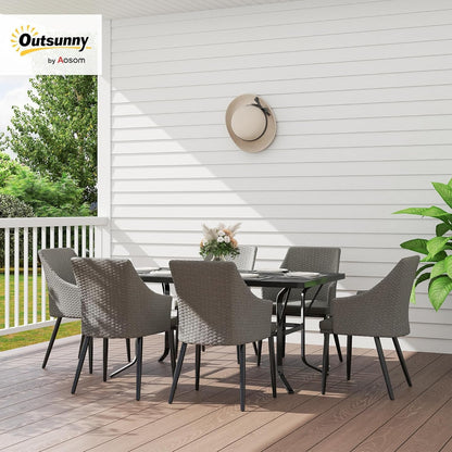 Outsunny 7 Piece Patio Furniture Set, Rattan Patio Table and Chairs with Cushions, Slatted Table Top, Umbrella Hole, Wicker Conversation Sets for Backyard, Porch, Garden, Balcony