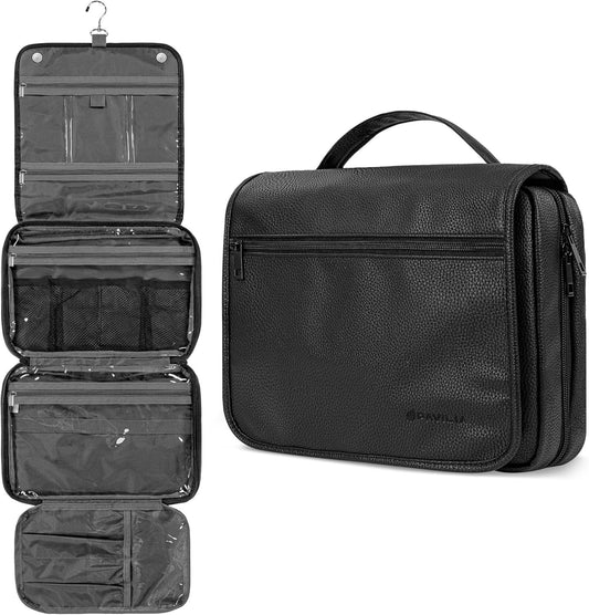 PAVILIA Hanging Toiletry Bag Women Men, Foldable Cosmetic Organizer Travel Bag, Water Resistant Makeup Bag Toiletries, Large Travel Essentials Kit, Black, Large