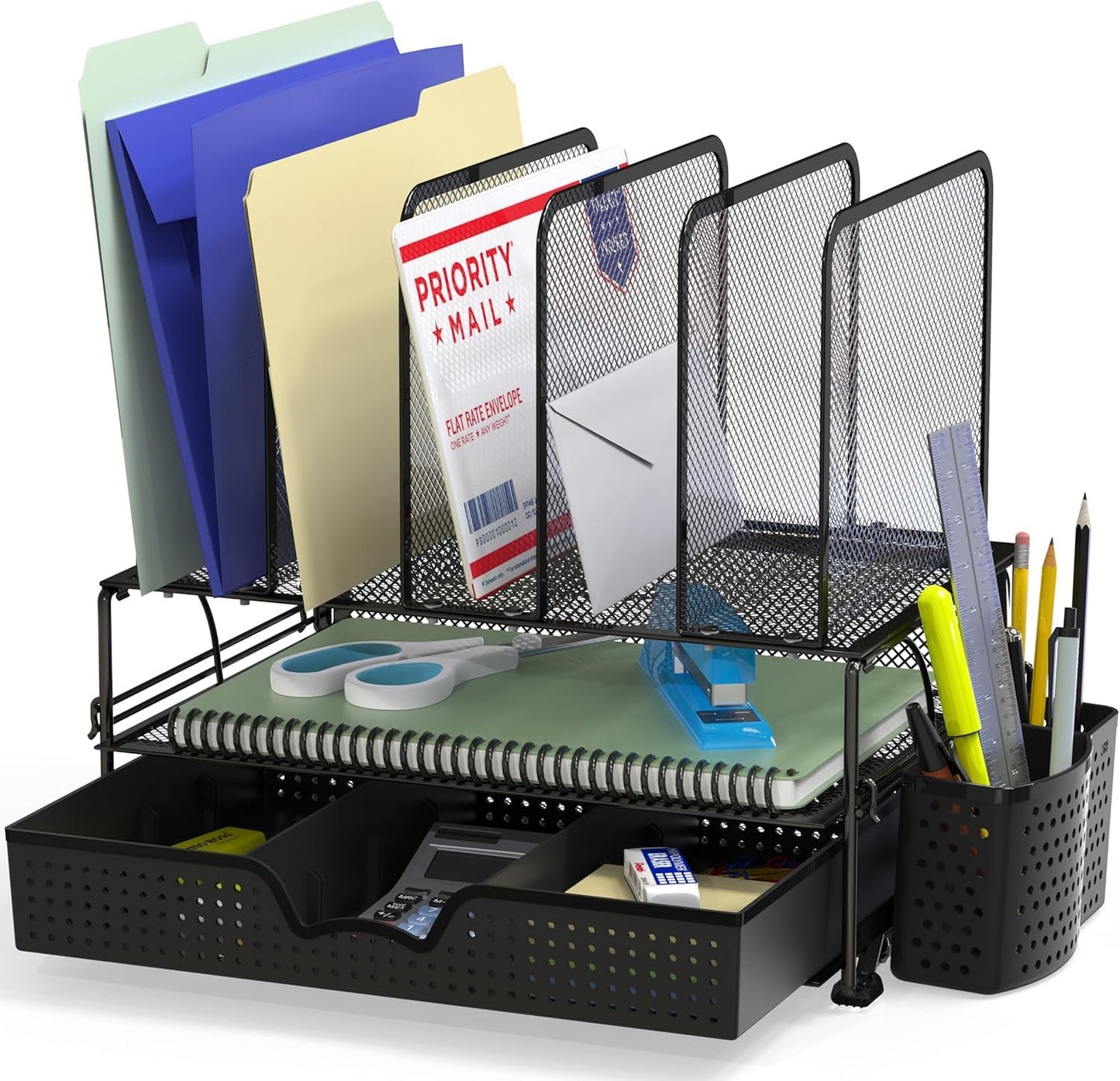 SimpleHouseware Desk File Organizer for Office Stationery with Sliding Drawer, Double Tray, Pencil Holder, and 5 Upright Sections, Black