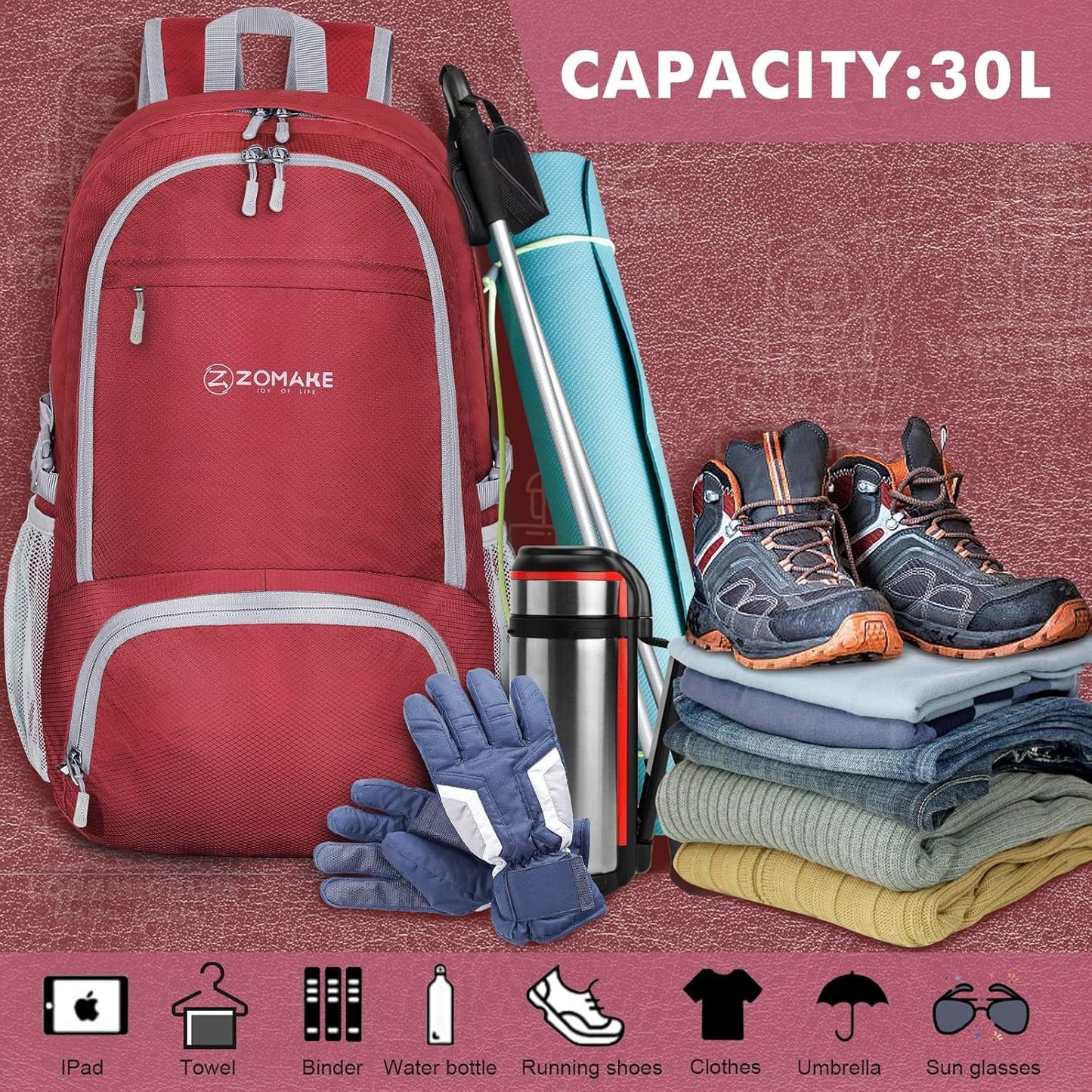 ZOMAKE Packable Hiking Backpack 30L, Lightweight Foldable Backpacks Water Resistant Daypack for Outdoor Hiking Women Men