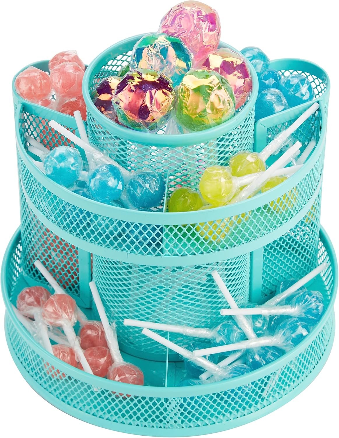 Annova Mesh Desk Organizer Rotate with 6 Compartments Round Spinning Tidy Candy/Pen Holder Desk Accessories Office, Art Supply, Storage, Classroom, Home (Turquoise)