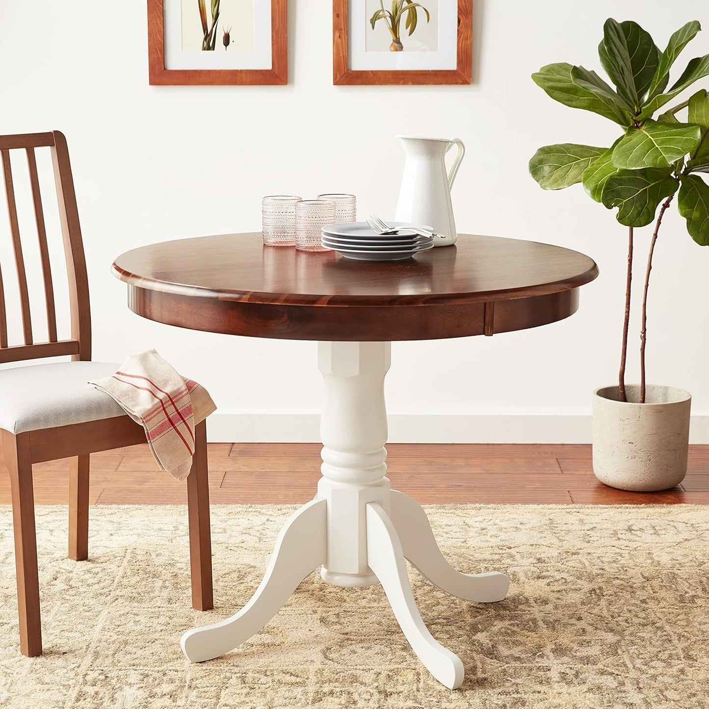 East West Furniture AMT-WLW-TP Antique Kitchen Dining Table - a Round Wooden Table Top with Pedestal Base, 36x36 Inch, Walnut & Linen White