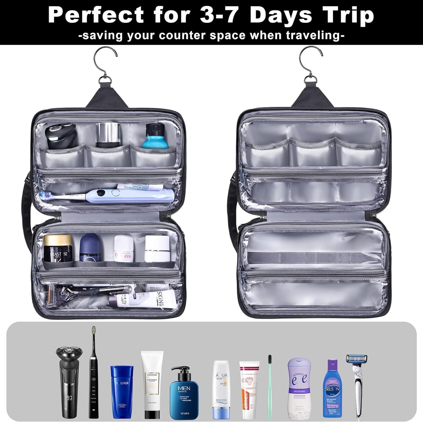 HILOMON Toiletry Bag for Men, YKK Zippers Hanging Bathroom Shower Hygiene Bag with Metal XXL Swivel Hook, Big Comparment, Waterproof for Travel Accessories