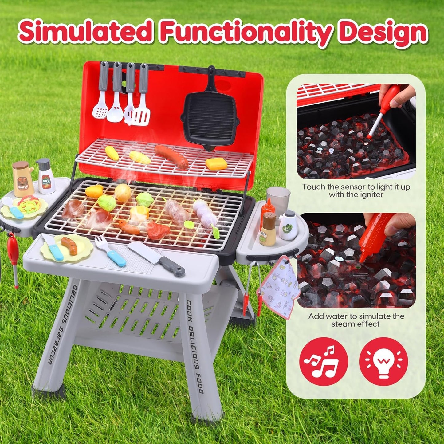 cute stone Kids BBQ Grill Playset, Toy Kitchen Set with Smoking Toy Barbecue Grill, Toy Kitchen Accessories, Indoor/Outdoor Interactive Pretend Play Toys for Boys Girls, 23.6" H