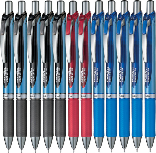 Pentel EnerGel Retractable Liquid Gel Rollerball Pen, Everyday Writing, Office Supplies, School Supplies, 0.5mm Fine Point, 12 Colours, BLN75PC12BX-M, Box of 12