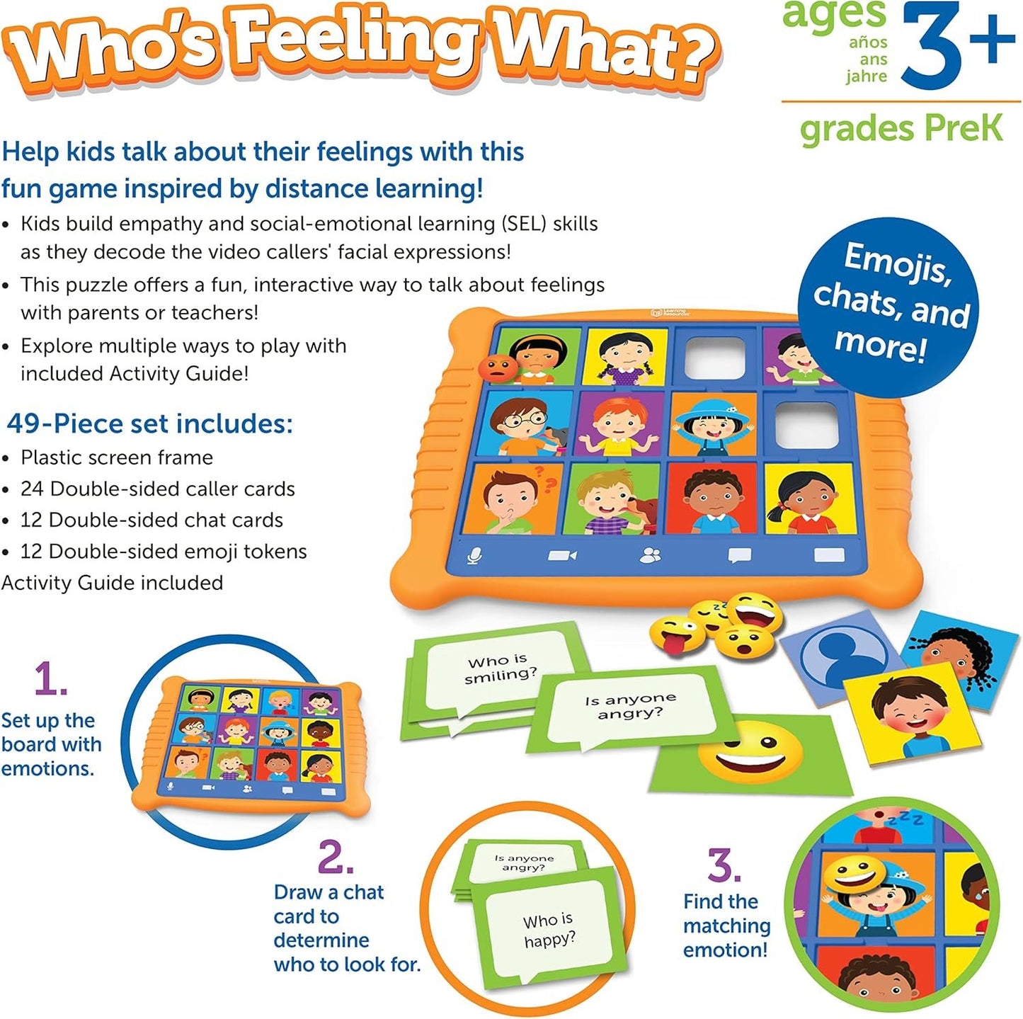 Learning Resources Who's Feeling What? 49 Pieces, Age 3+ Social Emotional Learning Games, Communication Games for Kids, Emotion Toys