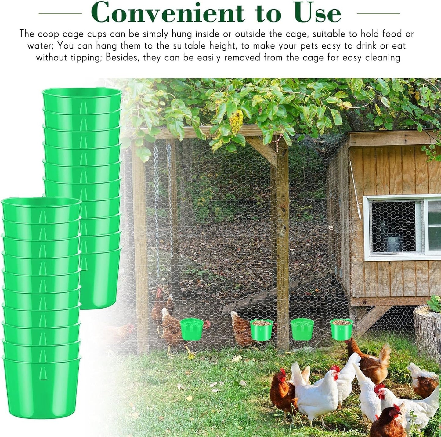 Sumind 60 Pieces Cage Cups Birds Hanging Feeders Seed Bowl 8 oz Plastic Chicken Feeder Water Bowl Hanging Chicken Waterer Feeding Watering Dish Coop Cups for Gamefowl Parrot Parakeet Poultry(Green)