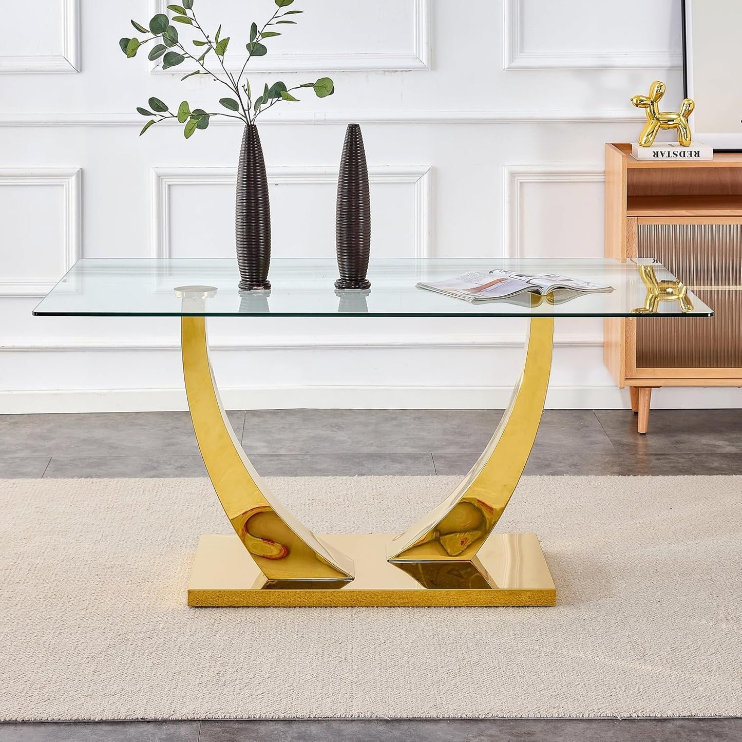 WEKEOT Modern Dining Table Rectangle Kitchen Table Tempered Glass Tabletop with Golden Leg Dinner Table for Dining Room, Office, Restaurant (160CM, Glass Tabletop and Golden Leg)