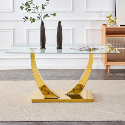 WEKEOT Modern Dining Table Rectangle Kitchen Table Tempered Glass Tabletop with Golden Leg Dinner Table for Dining Room, Office, Restaurant (160CM, Glass Tabletop and Golden Leg)