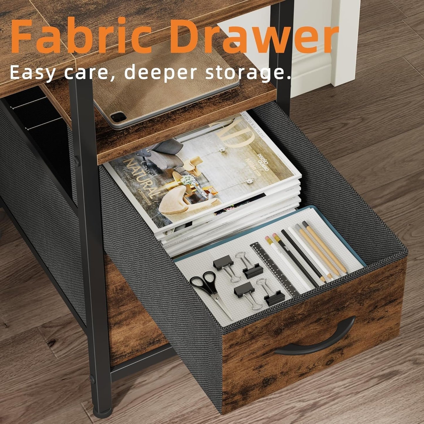 YAOHUOO Computer Desk with 4 Fabric Drawers Organizer - 63"/160 Office Desks with File Drawer Organization, PC Work Desk Study Writing Table Workstation for Home Office Space Rustic Brown