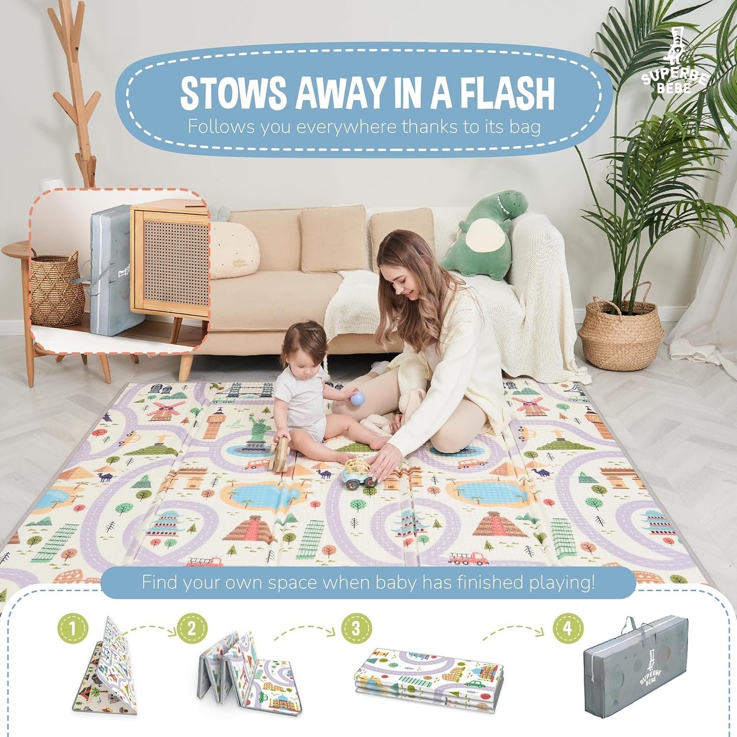 Montessori Folding Children's Play Mat, 150 x 180 x 1 cm, Reversible Non-Toxic and Waterproof Foam for Children, Gym, Baby Tummy Time Mat, Baby Gift