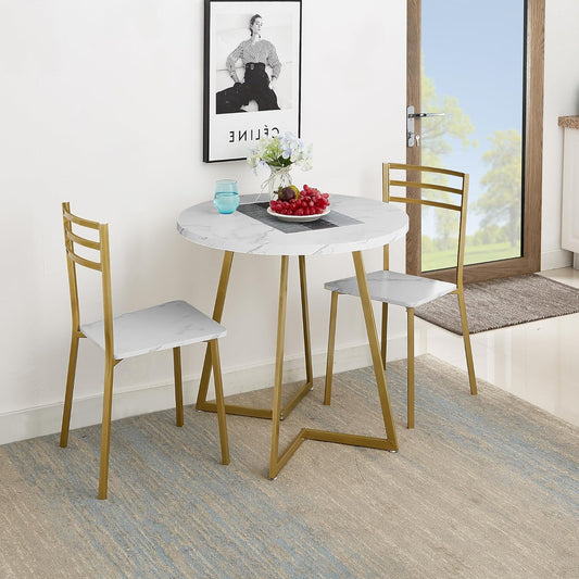 VECELO Round Dining Room Table with Wood Grain Tabletop and Steel Frame, for Kitchen, Living Room, Office, Conference, 2 to 4 Person, White & Gold