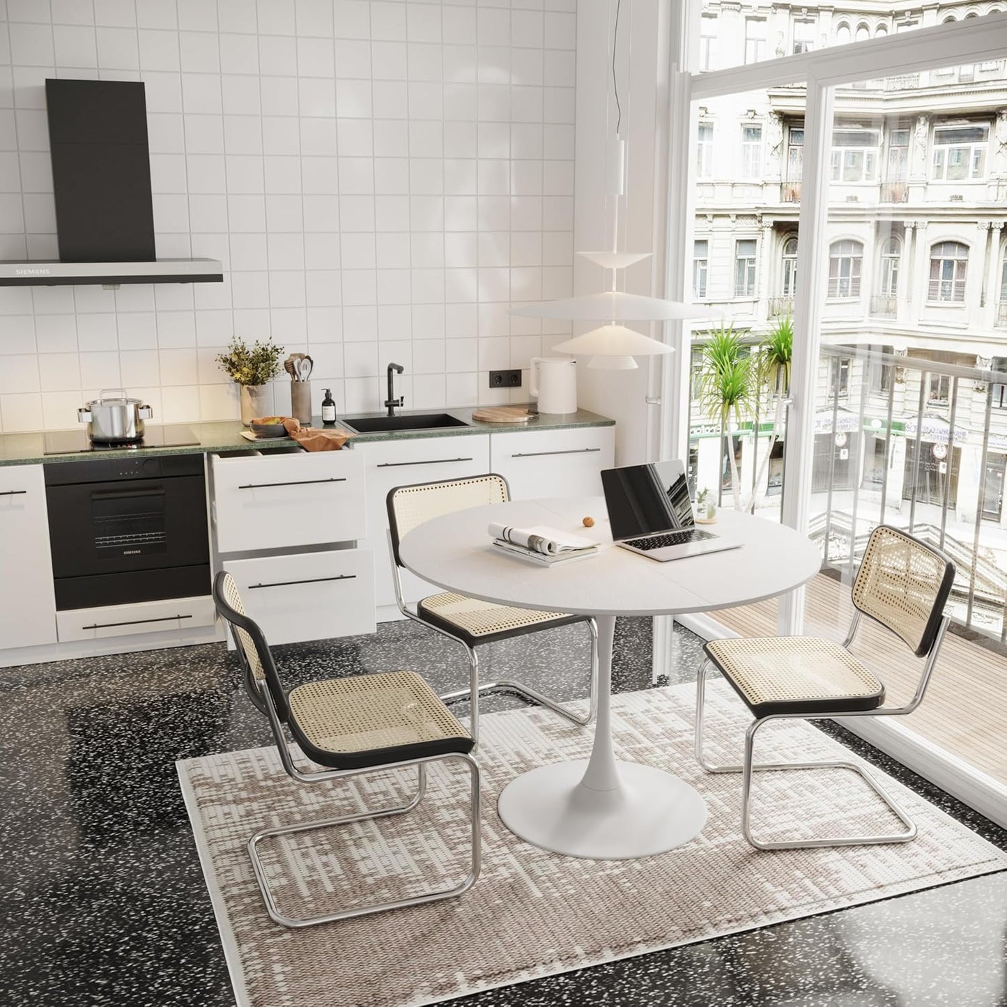 47.24" Modern Round Dining Table, Four Patchwork Tabletops with White Color Solid Wood Grain Table Top, Metal Base Dining Table, End Table Leisure Coffee Table