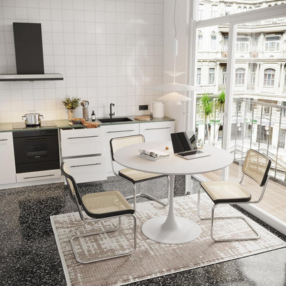 buiesjole 47,24" Modern Round Dining Table, Four Patchwork Tabletops with White Color Solid Wood Grain Table Top, Metal Base Dining Table, End Table Leisure Coffee Table