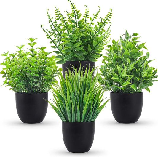 Der Rose Fake Plants 4 Packs Artificial Plants Small Faux Plants in Black Pot for Bathroom Home Office Desk Coffee Table Accessories Decor Indoor