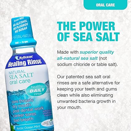 H2Ocean Healing Rinse Natural Sea Salt Oral Care - Mouth Rinse for Oral Care - Great for Piercings, Sore Throats & Gum Health - Alcohol- & Fluoride-Free Mouthwash - Arctic Ocean Mint, 16 oz Visit the H2Ocean Store
