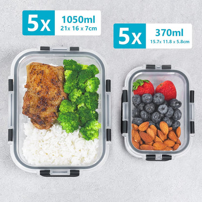 Igluu Meal Prep Glass Food Storage Containers 10 Pack, Glass Meal Prep Containers with Snap Lock Leakproof Lids, Reusable Microwave safe BPA-free Lunch Boxes (10 Containers & 10 Lids) 1050ml & 370ml