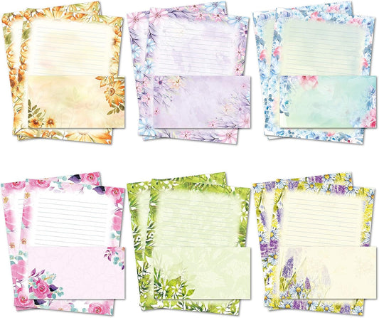 Stationary Writing Paper with Envelopes - Flora Stationery Set with Lined Letter Writing Paper, 48 Sheets + 24 Envelopes, 8.5 x 11 Inch of Each Stationary Paper