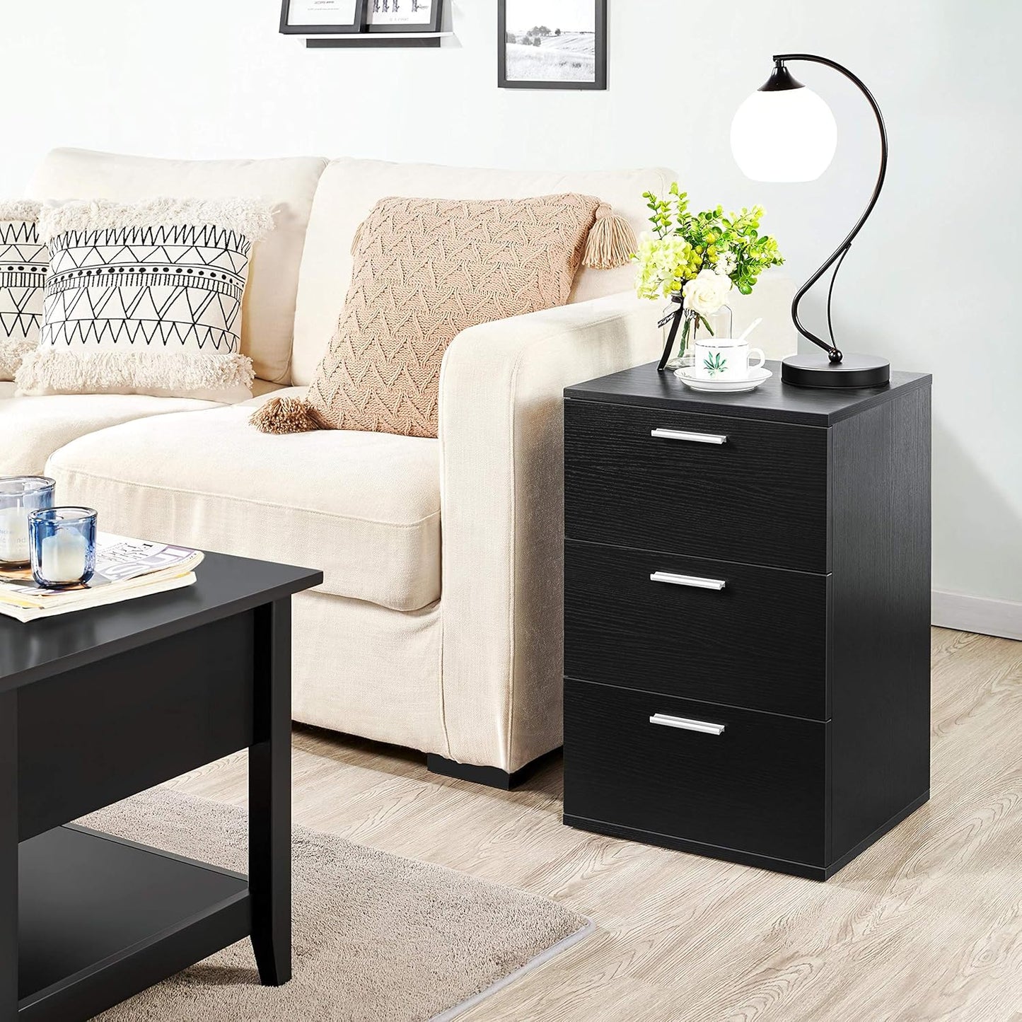 Yaheetech Bedside Table Bedside Modern Bedside Table with 3 Drawers Bedroom Furniture Black Coffee Table Living Room Drawer 40 x 35 x 60 cm
