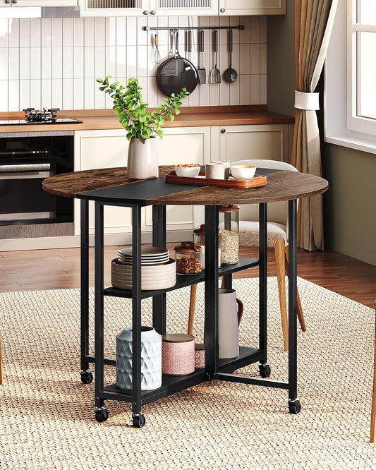 Folding Dining Table, Kitchen Table with 6 Wheels, Folding Round Table with 2-Layer Storage Shelf, Space Saving Dining Table for Small Spaces, Stable, Easy Assembly, Rustic Brown TCZ03BF