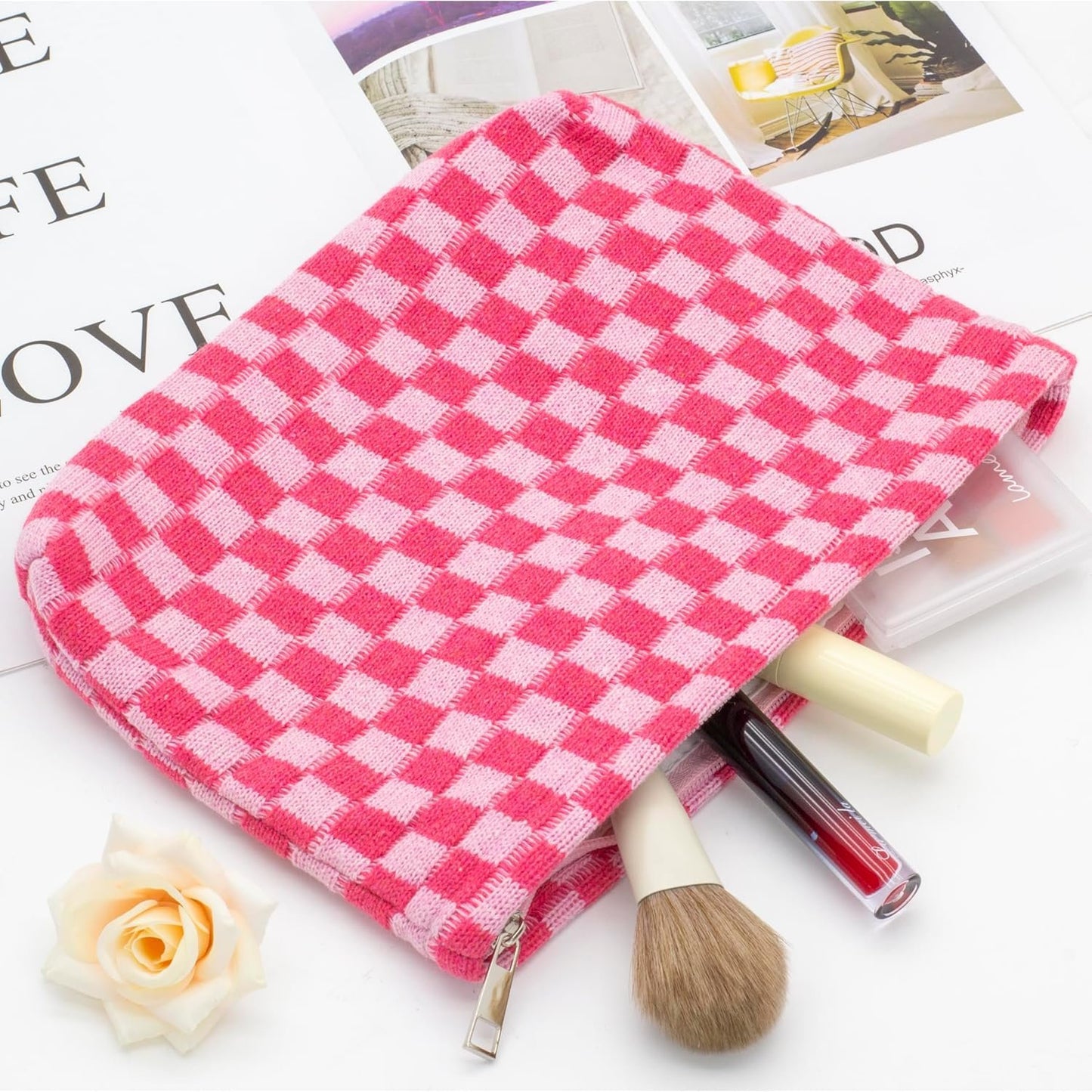 PAZIMIIK Checkered Makeup Bag for Purse Portable Zipper Make Up Pouch Small Cosmetic Case for Travel Accessories, B-Hotpink, Classic