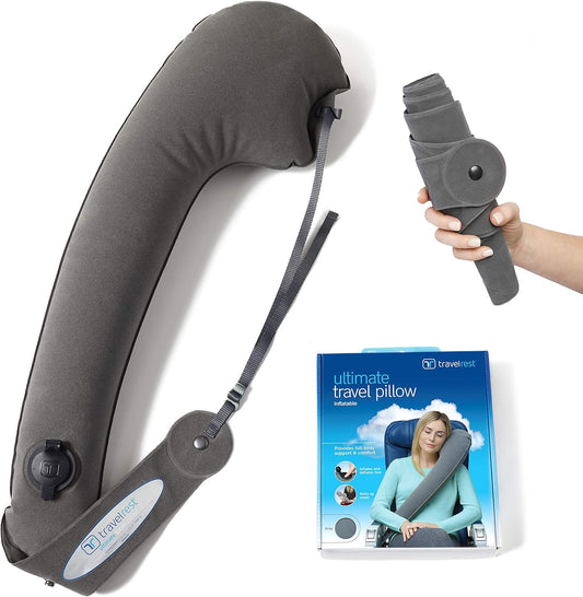 Travelrest Ultimate Travel Pillow for Neck and Body, Airplane and Car Seats, Inflatable Space Saver for Sleeping on Long Flights, Nap on Road Trips, Car and Bus Travel (Grey)