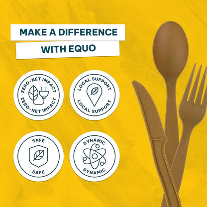 EQUO Sugarcane Disposable Utensil Set (Pack of 30 Forks, Spoons, Knives - 10 Each) - Plastic-Free, Home-compostable, Heat-Safe Utensils for Parties, Events, Camping & More