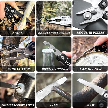 RoverTac Multitool Pliers Pocket Knife Camping Tool Hiking Gear 14 in 1 Multi Tool Knife Pliers Saw Bottle Opener Safety Lock Nylon Sheath Multitool for Camping Survival Hiking DIY Gifts for Men