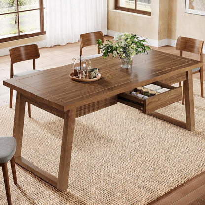 Tribesigns 55'' Dining Table with Storage Drawer, Rectangular Dinner Kitchen Table with Solid Wood Legs for 4-6 People, Mid-Century Modern Desk for Dining Room, Walnut Brown