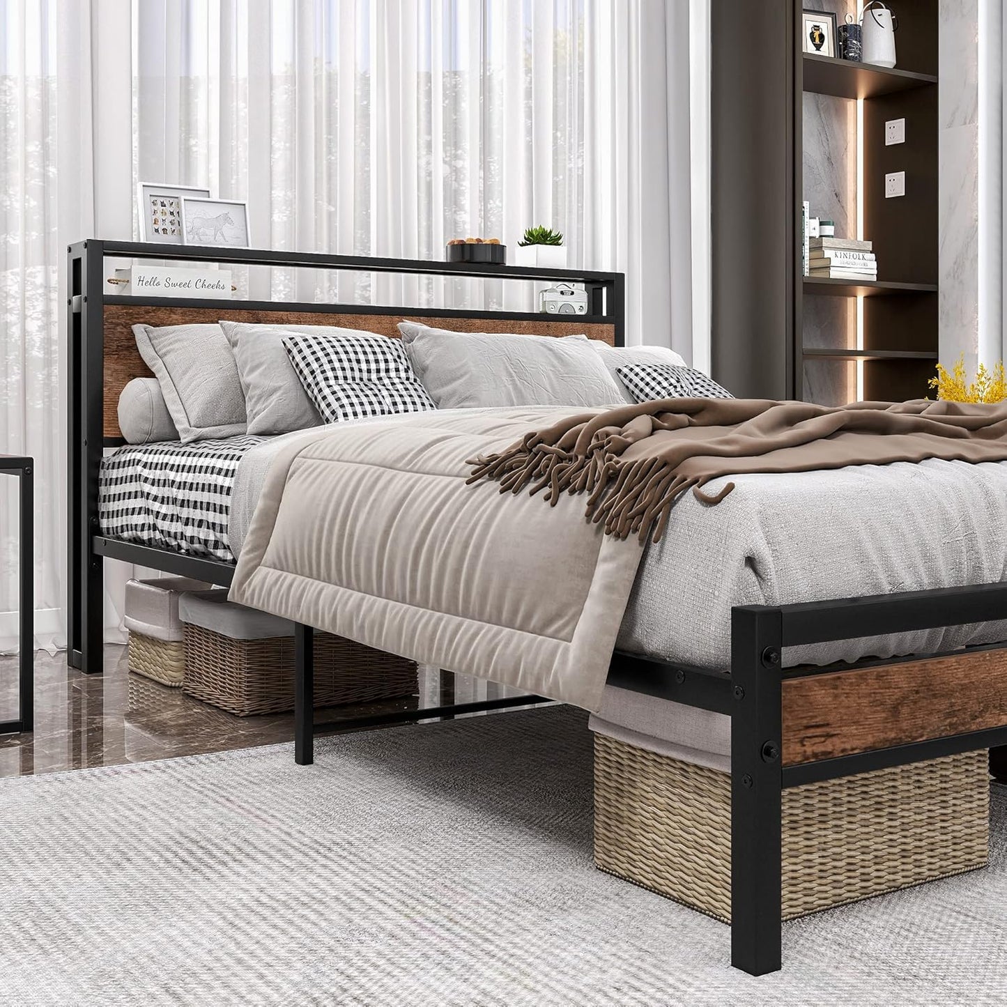 FOUBAM Queen Bed Frame with Storage Headboard,Metal Platform Bed Frame Queen Size Mattress Base No Box Spring Needed,Heavy Duty Metal Slats,Under Bed Storage,Noise-Free,Brown