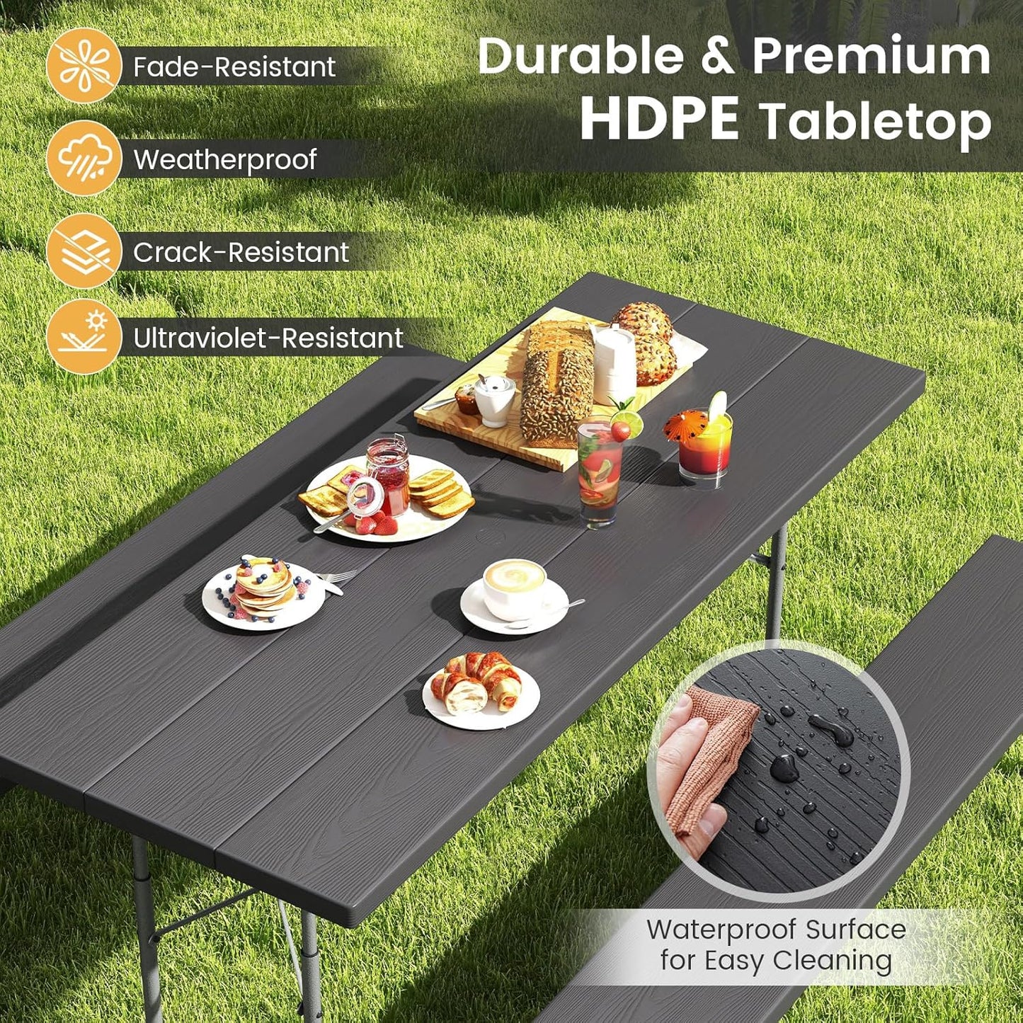 Costway Folding Picnic Table with 2 Benches, 1.8m Camping Table Set w/Metal Frame & All-Weather HDPE Tabletop, Umbrella Hole, 8-Person Large Outdoor Dining Table for Garden Yard Poolside (Black)