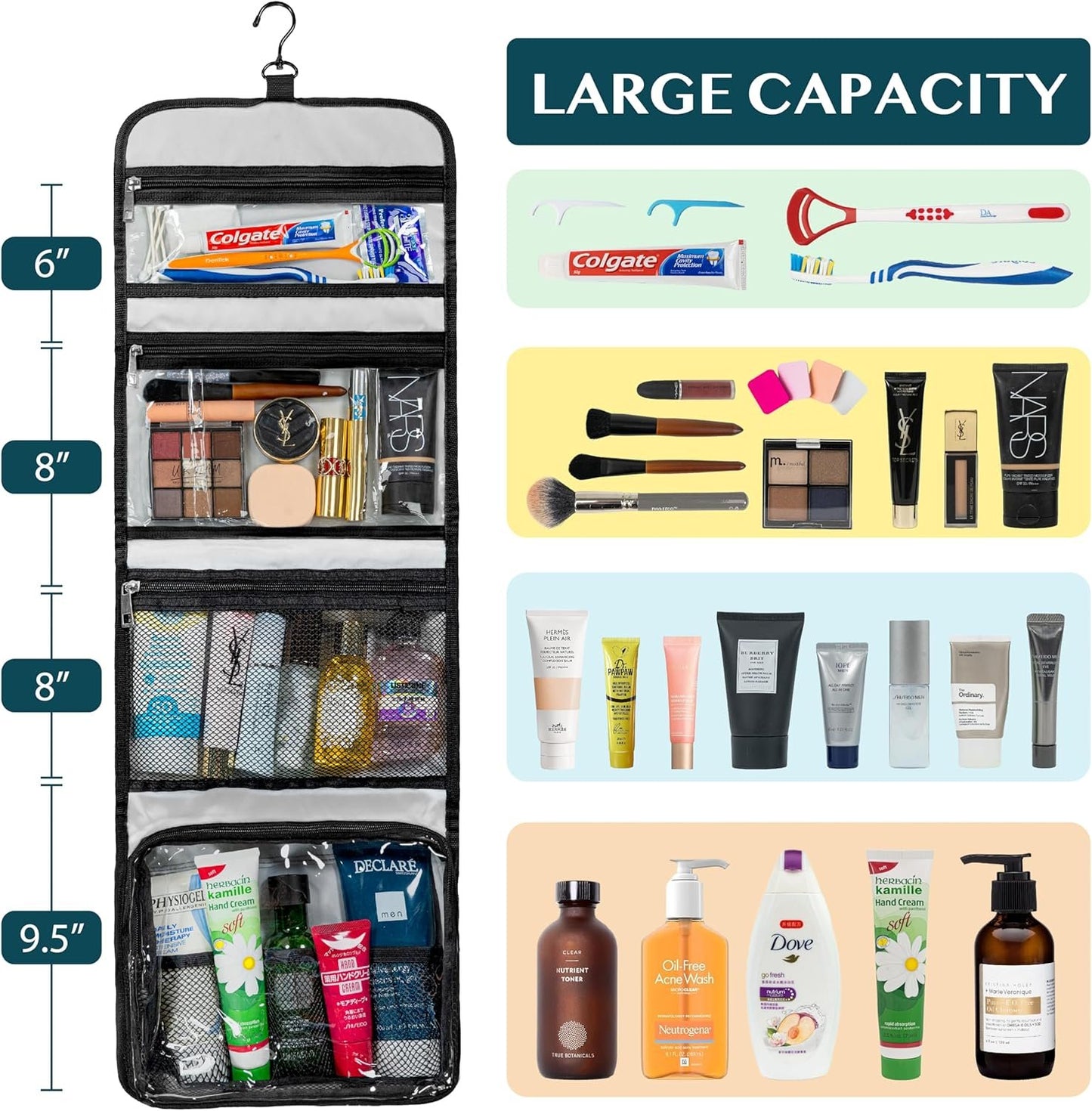 PAVILIA Travel Hanging Toiletry Bag for Women Men, Large Capacity Makeup Bag Kit, Waterproof Cosmetic Storage Organizer Case for Bathroom Shower, Black, Black, Large, Toiletry Bag