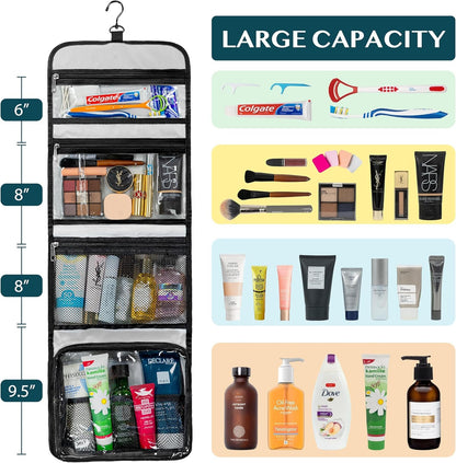 PAVILIA Travel Hanging Toiletry Bag for Women Men, Large Capacity Makeup Bag Kit, Waterproof Cosmetic Storage Organizer Case for Bathroom Shower, Black, Black, Large, Toiletry Bag