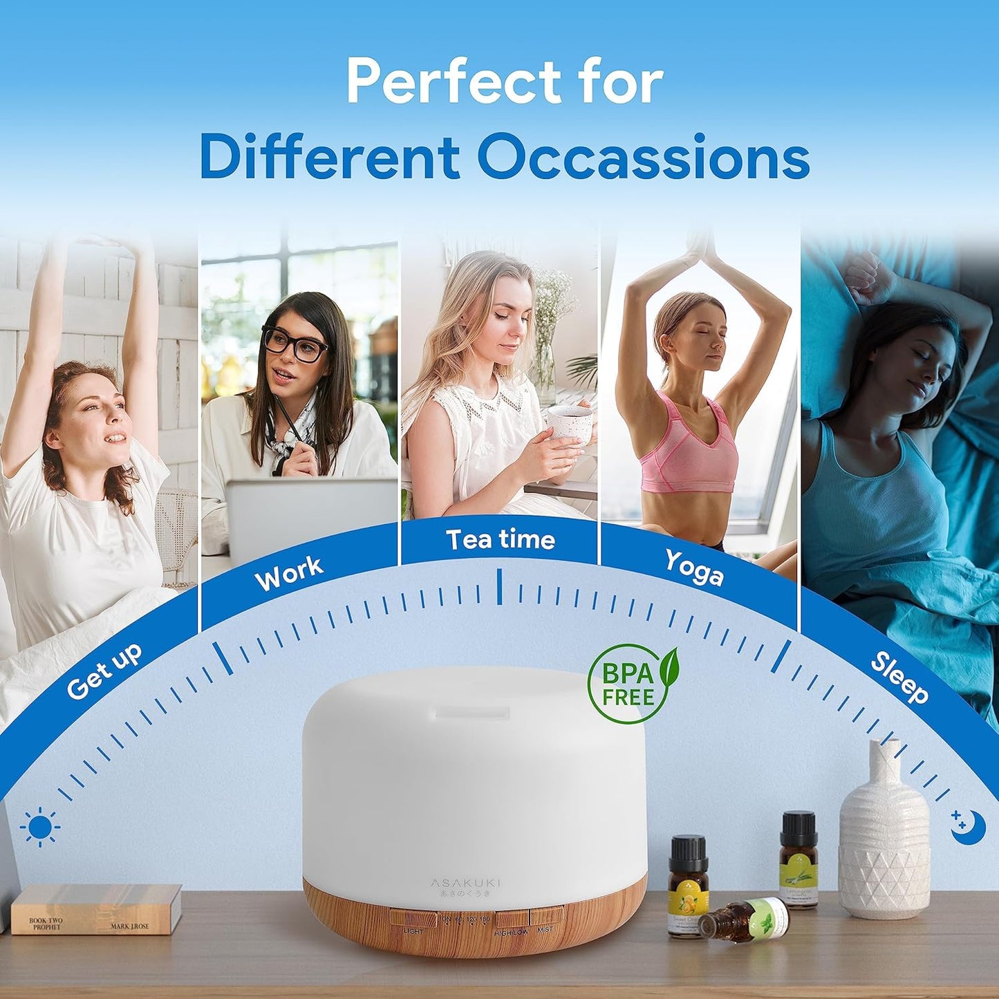 ASAKUKI 500ml Essential Oil Diffuser, 5 in 1 Ultrasonic Aromatherapy Fragrant Oil Diffusers, Vaporizer Humidifier with Remote Control, Timer, Auto-Off Safety Switch, 7 LED Light Colors