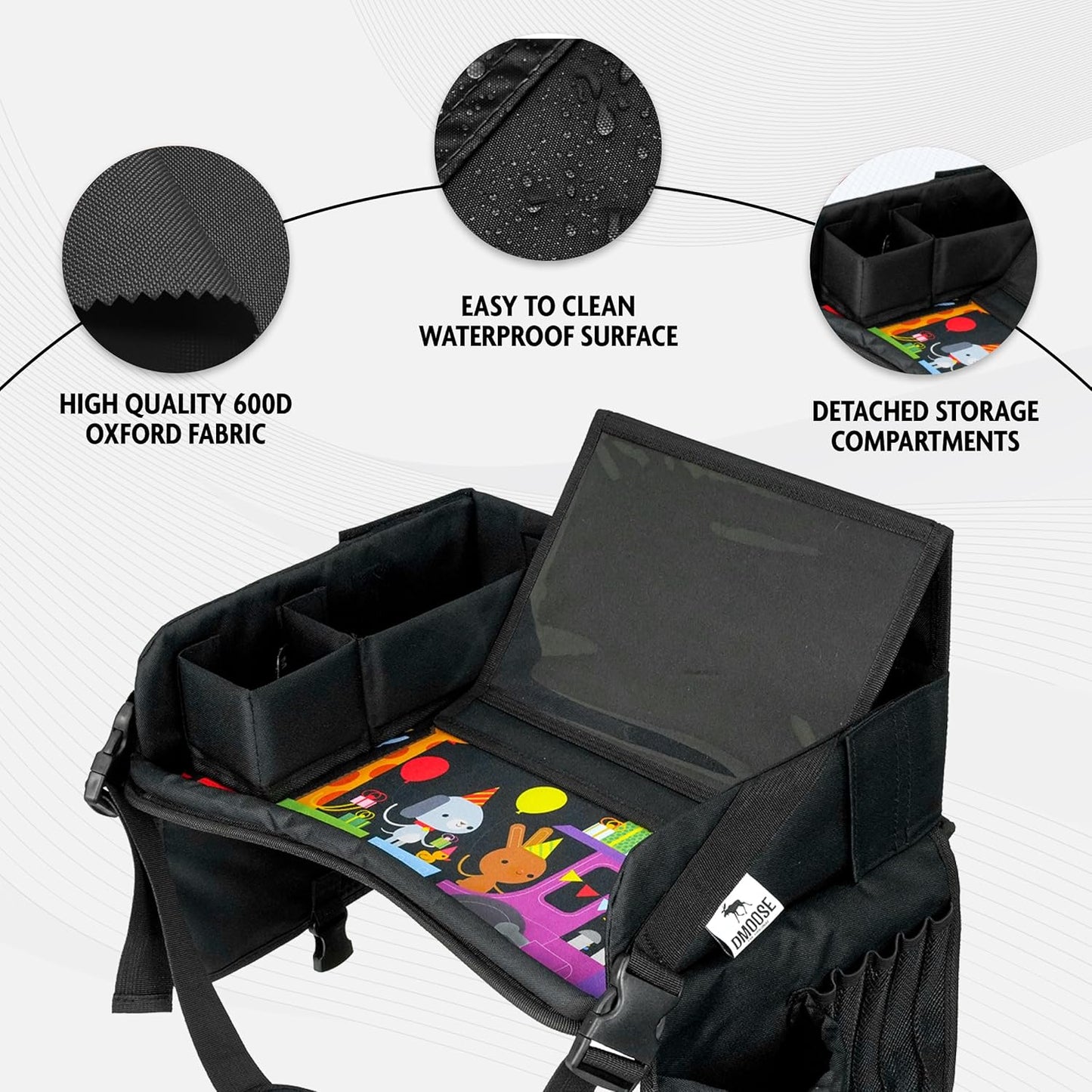 DMoose Travel Lap Activity Tray for Kids and Toddlers, Padded Comfort Base, Side Walls, Mesh Snack Pockets, Tablet Holder, Waterproof Car Seat, Stroller, Airplane Play and Learn Area (Black (New))