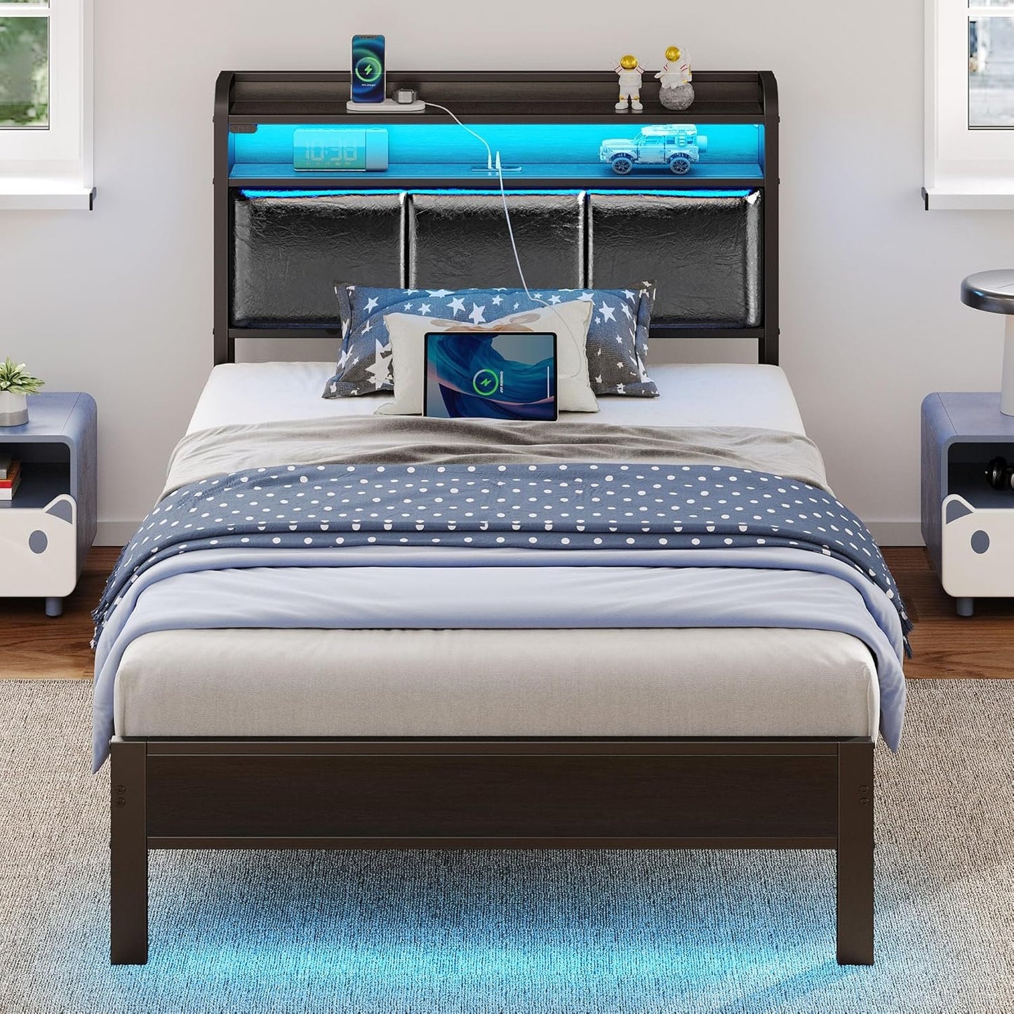 Rolanstar Bed Frame Twin Size with Charging Station and LED Lights, PU Leather Headboard with Storage Shelves, Heavy Duty Metal Slats, No Box Spring Needed, Single Bed, Easy Assembly, Black