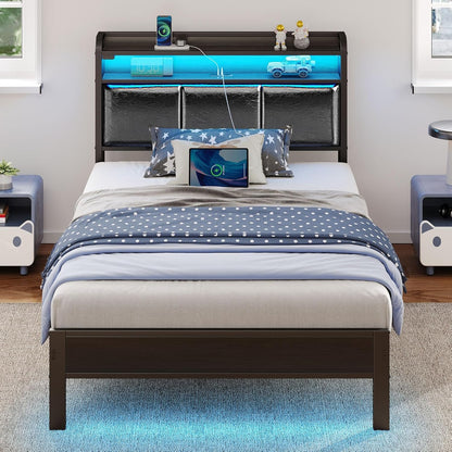 Rolanstar Bed Frame Twin Size with Charging Station and LED Lights, PU Leather Headboard with Storage Shelves, Heavy Duty Metal Slats, No Box Spring Needed, Single Bed, Easy Assembly, Black