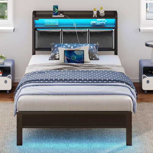 Rolanstar Bed Frame Twin Size with Charging Station and LED Lights, PU Leather Headboard with Storage Shelves, Heavy Duty Metal Slats, No Box Spring Needed, Single Bed, Easy Assembly, Black