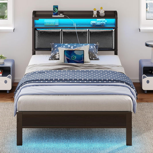 Rolanstar Bed Frame Twin Size with Charging Station and LED Lights, PU Leather Headboard with Storage Shelves, Heavy Duty Metal Slats, No Box Spring Needed, Single Bed, Easy Assembly, Black