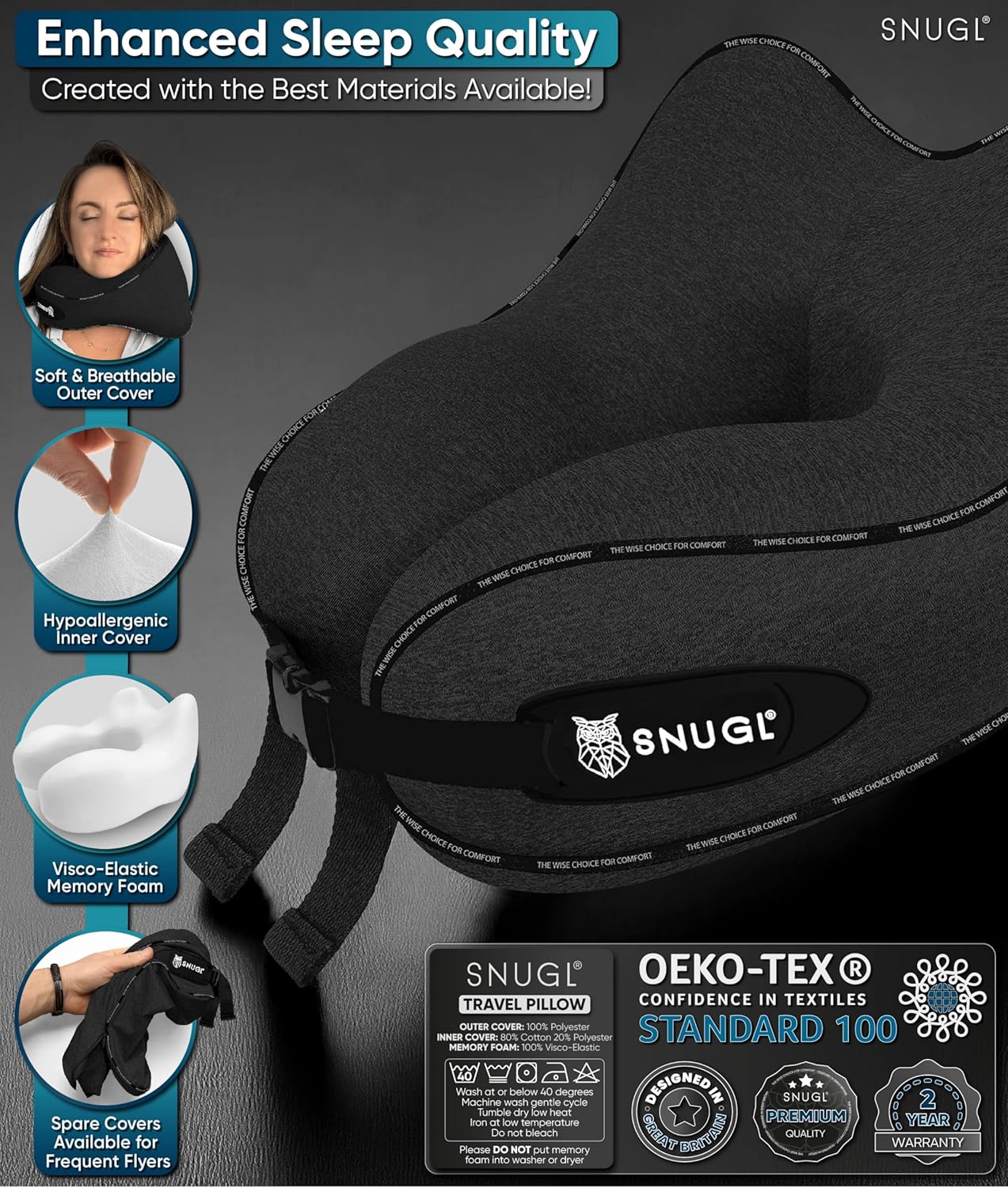 SNUGL Travel Pillow - Memory Foam Neck Cushion - Flight Pillow | Support Neck Pillow for Travel | Travel Neck Pillow for Airplane with Carry Bag & Clip | Flying Travel Essentials (Black - Small)