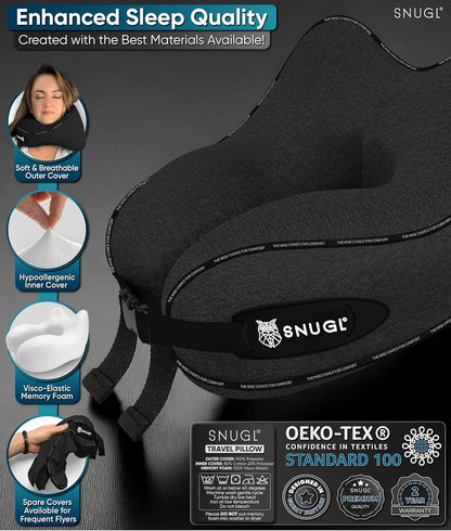 SNUGL Travel Pillow - Memory Foam Neck Cushion - Flight Pillow | Support Neck Pillow for Travel | Travel Neck Pillow for Airplane with Carry Bag & Clip | Flying Travel Essentials (Black - Small)
