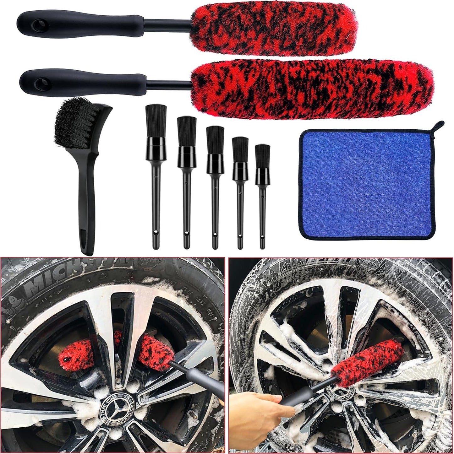 Latamil 9Pcs Wheel Tire Brush Set, Wheel Brushes for Cleaning Wheels Tire Rim, Soft Wheel Cleaner Brush, Bendable & Durable Car Wheel Rim Detailing Brush Kit for Cleaning Spokes, Fenders, Engines